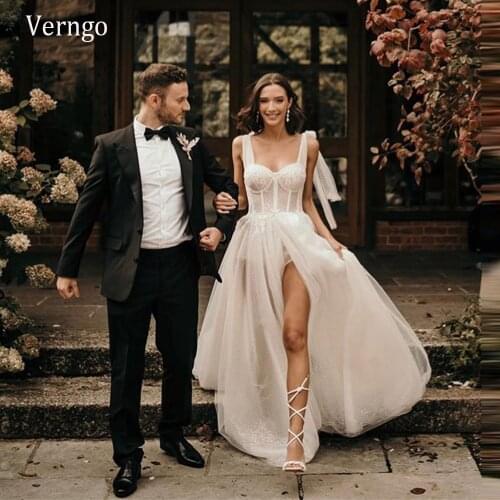 Verngo 2021 New Berta Beach Wedding Dress Lace Floral Glitter Underlay A Line Bride Gowns Front Slit Country Sexy Bridal Gowns