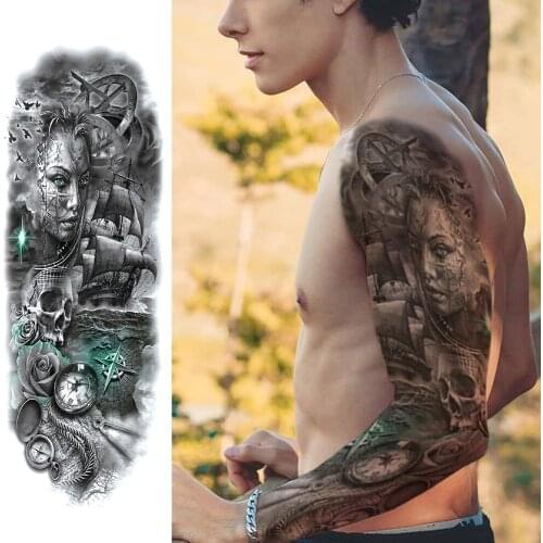 Temporary Tattoo Waterproof Sticker Eye Watch Bird Watch Pagoda Full Arm Large Size Tattoo Fake Flash Tattoo Sleeve Tato for Men