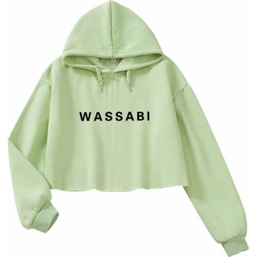 Green Top Harajuku Crop Top Long Sleeve Wassabi Letter Print Cute Clothes Oversized Hoodies Aesthetic Korean Style Pullovers