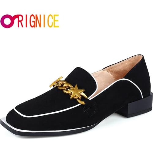 Orignice 2021 Spring Fashion Pumps Solid Loafer Women Metal Chain Kid Suede Square Toe Slip-On 3cm Thick Heel Prom Party Shoes