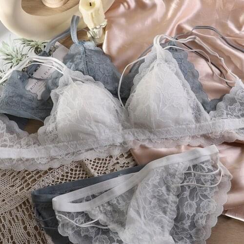 Underwear womens no rims ultra-thin lingerie with panties suit big breasts gathering sexy lace triangle cup bra briefs