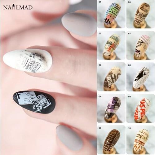 10pcs Nail Foil Sticker Vintage Newspaper Gel Set Mixed Flower Marble Adhesive Transfer Decals Starry Paper Nail Slider 4*20cm