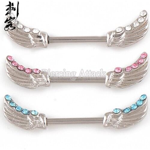 14 Gauge Body Jewelry Barbell With Angel wings with gems Nipple Ring