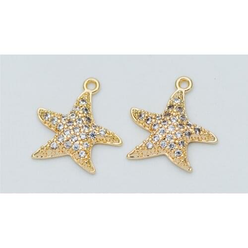 4pcs CZ Paved Gold Starfish Charms 15mm, Gold tone Brass Star Pendants (GB-614)