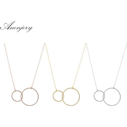ANENJERY 925 Sterling Silver 3 Colors Double Circle Interlock Clavicle Short Necklace Necklace For Women collares S-N333