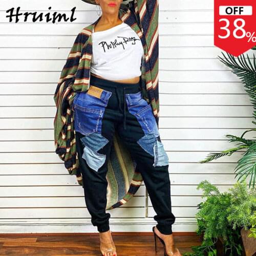 Jogging Pants Women Patchwork Fashion New Trousers Women Strappy Casual Loose Elastic Waist Pocket Drawstring Pantaloni Donna
