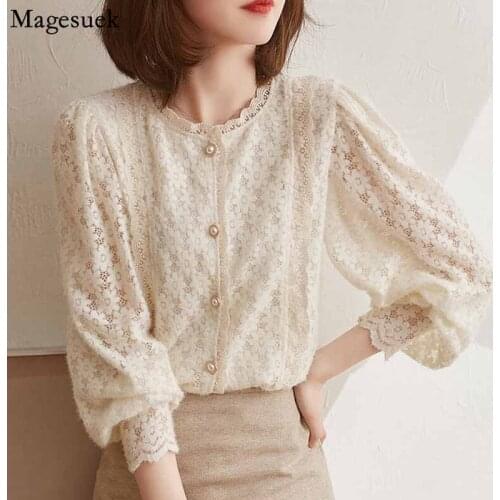 Elegant Lace Crochet Womens Blouse Sweet Autumn Vintage Flowers Button Shirt O Neck Casual Loose Long Sleeve Blouses Tops 16619
