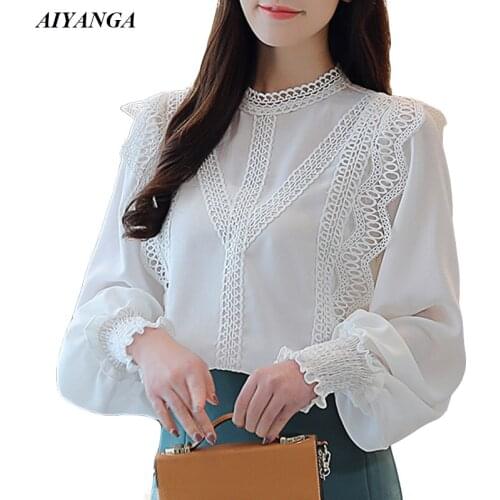 OL Elegant Chiffon Shirts Women 2019 Spring Blouses Female Lantern Sleeve Patchwork Lace Shirt Loose Blouse Office Lady Tops