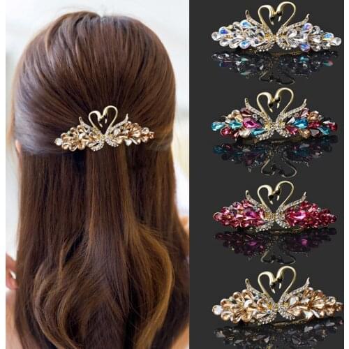 Elegant Crystal Swan Barrettes Hair Clips for Women Vintage Rhinestone Hairpins Headwear Girls Hair Accessories Jewelry Clips