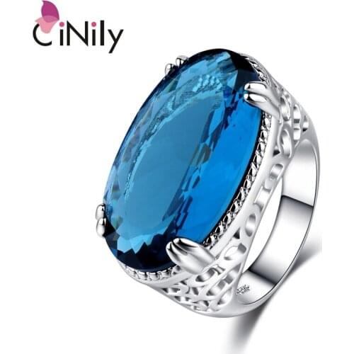 CiNily Created Huge Blue Stone Silver Plated Wholesale Fashion for Women Jewelry Birthday Party Gift Ring Size 6-9 NJ46