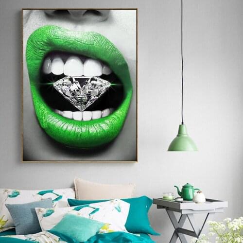 Fashion green lips diamond canavs wall painting modern canvas art posters and prints for living room bed room art picture