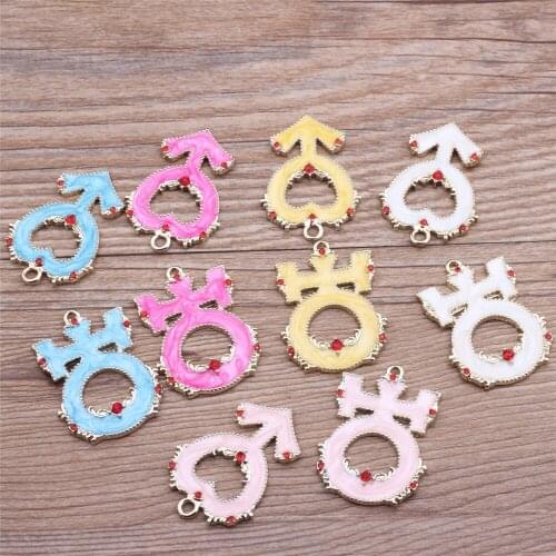 Fashion Red Rhinestone Boy Girl Symbol Floating Enamel Charms Jewelry Making Alloy Gender Pendant Fit DIY Accessories