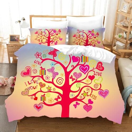 Fashion 3D Flower Tree Bedding Set Luxury Love Pattern Comforter Duvet Covers Pillowcases Simple Pink Bed Linen Colorful Bed Set