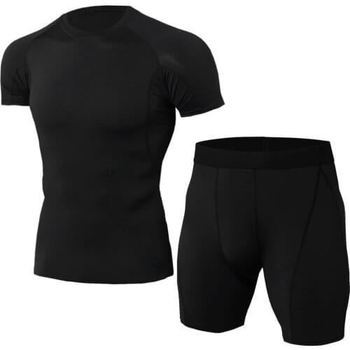 Rashguard Bjj Mens MMA Compression Set Base Layer Running Clothing Sport Short Sleeve T-shirt+Basketball Training Pants Shorts