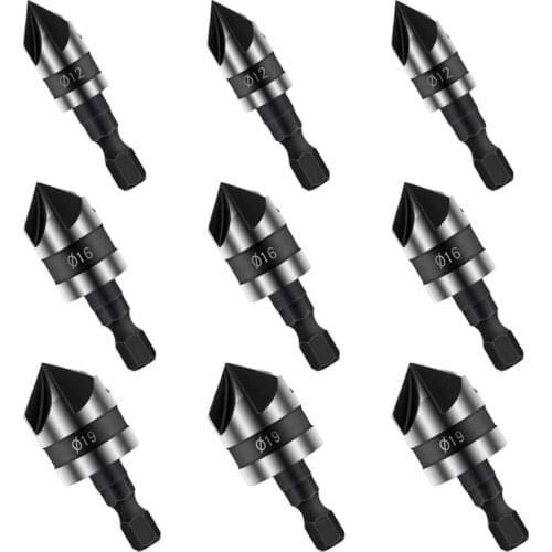 9PCS Countersink Set, Hex Shank Wood Drilling Bits 90 Degree Working 5 Flute Power Tool for Wood Quick Change,12/16/19mm