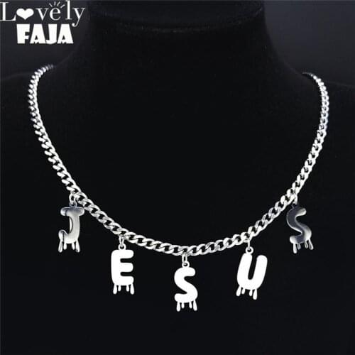 2021 Stainless Steel Jesus Chain Necklace for Women/Men Silver Color Choker Necklaces Jewelry collier lettre N7003S03