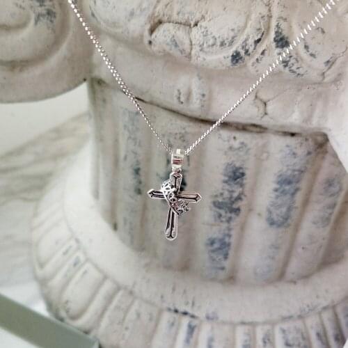 925 Sterling Silver Religious Jesus Cross Crown Christmas Gift Christian Necklace Handmade DIY Vintage Womens Necklace