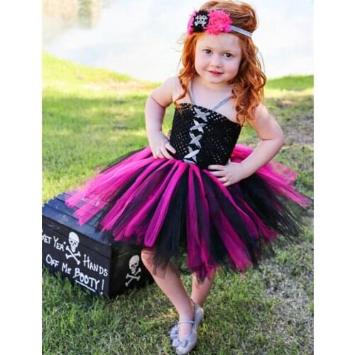 Girls Black Pink Crochet Tutu Dress Kids Tulle Dress with Silver Crossed Ribbon and Flower Hairbow Children Party Costume Dress