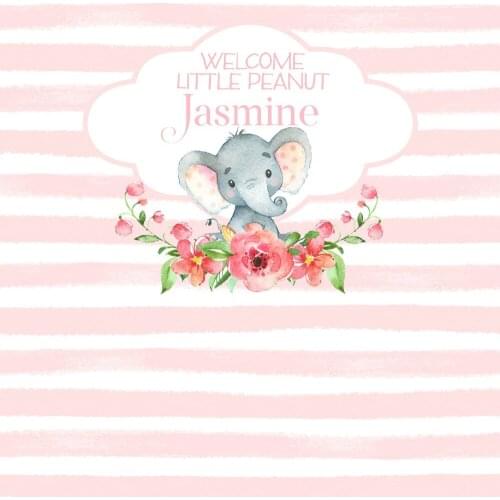 Custom Ittle Peanut Girl Elephant Flower Leaves Pink And White Striped background Computer print party backdrop