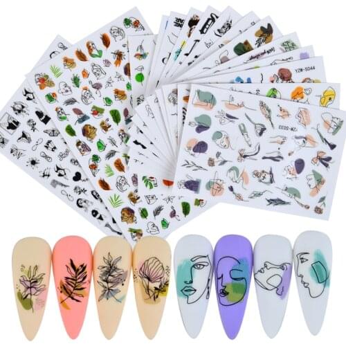 DIY Nail Sticker Abstract Lady Face Geometric Pattern Nail Art Water Transfer Decals Sliders Flower Leaves Manicures Decoration