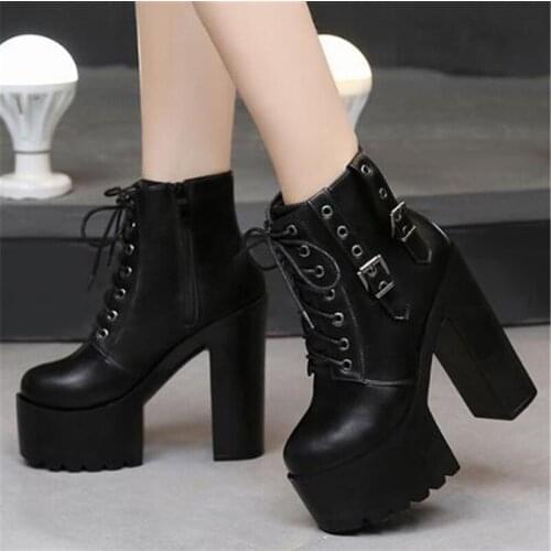 Shoes Woman Pumps Waterproof Wedding Party Shoes PU Lace Up 14CM Thick High Heels Round Toe Platform Dress Women Shoes 2020