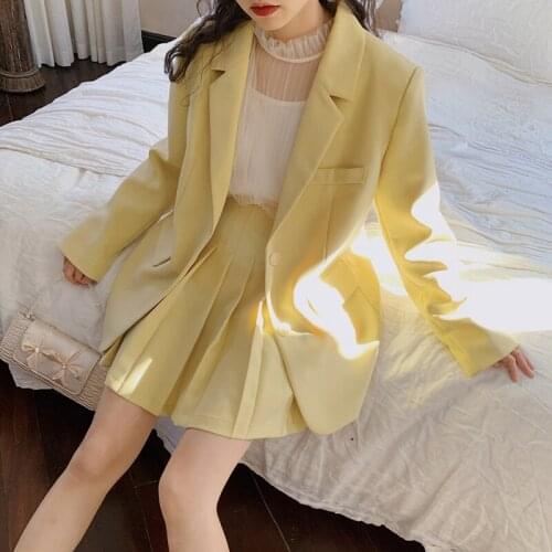 Yellow Mori Girl Blazer Set Preppy Style Solid Color Two Buttons Coat + Short Pleatd Skirt New 2pcs Set Autumn Women 2 Piece Set