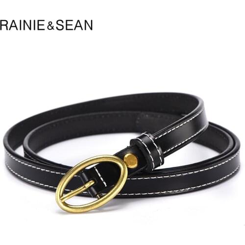 RAINIE SEAN Real Leather Women Belt Pin Buckle Waist Belt for Trousers Cowskin Genuine Leather Black Ladies Strap Accessories