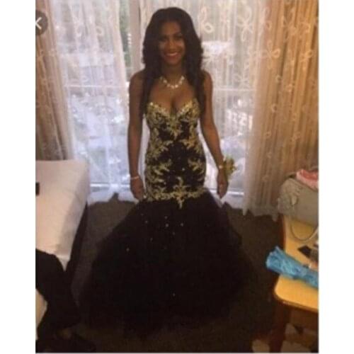 Long Black Evening Dresses 2017 Mermaid Glod Lace Sleeveless Floor Length African Lace Prom Evening Gown Robe De Soiree