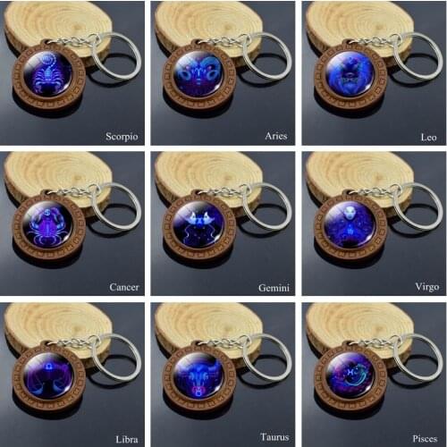 12 Constellation Keychain Aries Taurus Gemini Scorpio Leo Virgo Glass Cabochon Wooden Key Chain Zodiac Jewelry for Men Women