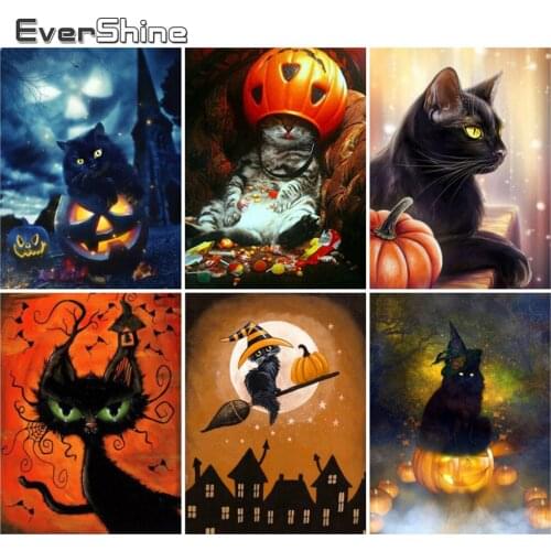 EverShine 5D DIY Diamond Mosaic Full Square Cat Cross Stitch Diamond Painting Halloween Picture Rhinestones Handmade Home Decor