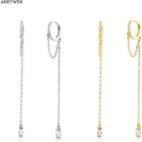 ANDYWEN New 925 Sterling Silver Gold 9mm Long Chain Circle Drop Earring Clear Zircon CZ Fine Jewelry Gift Luxury Crystal