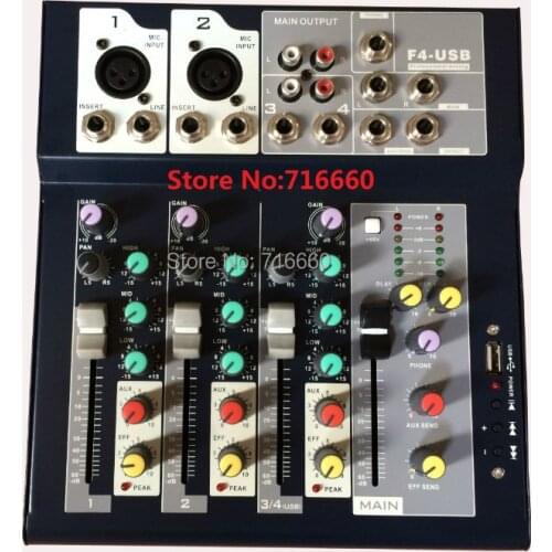 F4-USB Mini Audio Mixer Console with USB,Built in effect processor Audio Mixer, 4 channel mixer sound console 48v power supply