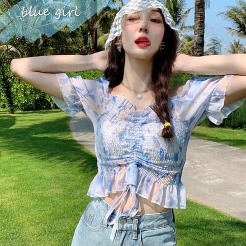 Summer Chiffon Blouse Women Fashion Pleated Square Collar Short Sweet Korean Style Solid Color Shirt Tops