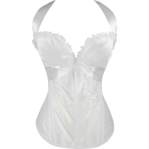 Sexy Lace up Satin Corset With Cup Lingerie Zipper Side Overbust Corset and Bustier Party Bow Halter Corset Plus Size S-2XL