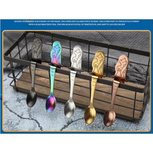 Stainless Steel Spoons Lovely Mermaid Cat Hanging Coffee Cup Spoon Ice Cream Dessert Teaspoon Creative Hanging Scoop Tableware