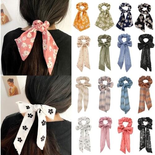 FNIO Fashion Print Bow Satin Long Ribbon Ponytail Scarf Hair Tie Scrunchies Women Girls Elastic Hair Bands Hair Accessories
