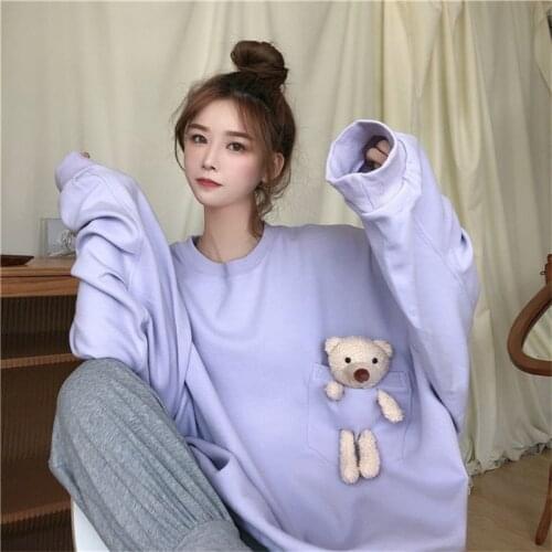 Autumn Chic Fashion Cute Bear Girls White Kawaii Hoodies Women Black Casual High Street Harajuku Print Long Sleeve Females