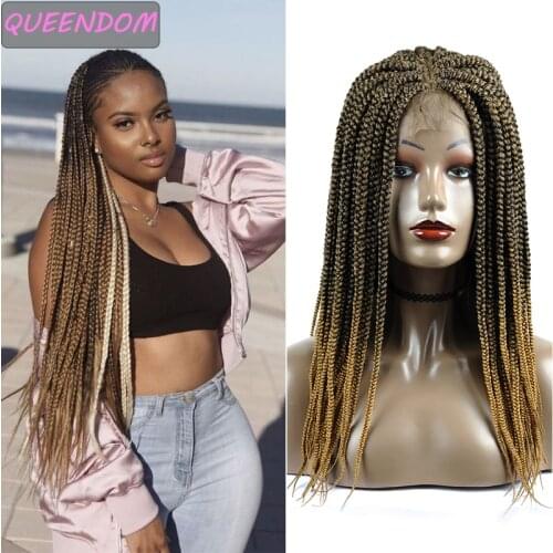 Ombre Brown Long Braided Wig Synthetic Lace Front Hair Wigs with Baby Hair Middle Part Cosplay Box Braids Wig for Afro Women