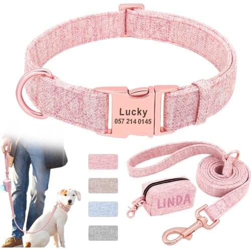 Personalized Dog Collar With Leash Custom Dog Waste Bag Dispenser Engraved Pet Collar Walk Lead Outdoor Pet Poop Bag Portable