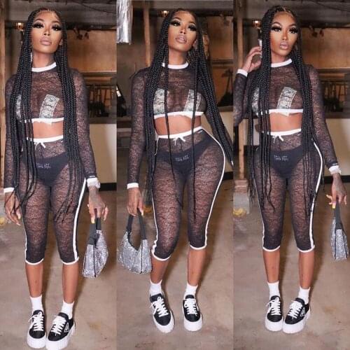 Sexy Black Floral Lace See Through Short 2 Piece Outfits White Trim O Neck Long Sleeve Crop Top + Shorts Slim Club Two Piece Set