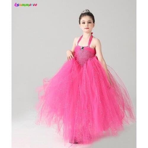 Stunning Glittery Hot Pink Gown Tutu Dress for Girls Jr. Bridesmaid Birthday Pageant Party Dress Princess Tulle Ball Gown Dress