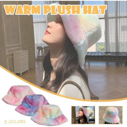 Womens Fashion Hat Winter Tie-dye Bucket Cute And Warm Caps Hunting Fishing Hat Tie-dye Plush Warm Basin Cap Autumn And Winter