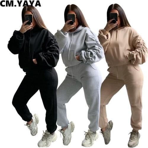CM.YAYA Active Sweatsuit Two 2 Piece Set for Women Fitness Outfit Hooded Ruched Puff Sleeve Sweatshirt + Jogger Pants Tracksuit
