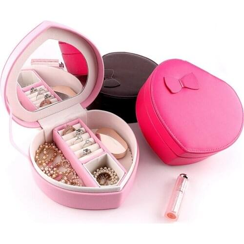 Heart Shaped PU Leather Jewelry Box Portable Travel Jewelry Organizer Case Leather Storage Jewellery Box with Mirror