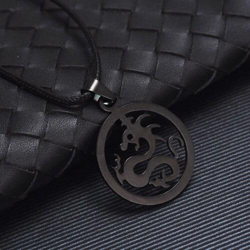 Vintage Dragon Shaped Round Titanium Steel Necklace Men Chinese Style Stainless Pendant Rope Chain Gift