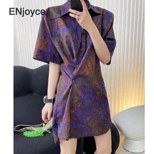 2021 Summer Vintage Art Printed Cotton Shirts Women Short Sleeve Long Shirt Dress Fashion Loose Shirt Oversized Blouse Clothes