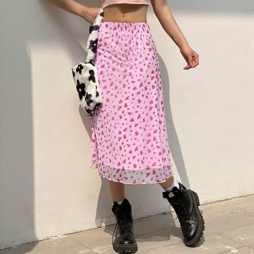 Summer Ladies Casual Beach Skirts High Waist Mesh Lined Slim Bottoms Clothing Women Printed Sweet Midi Skirt Vacation S M L