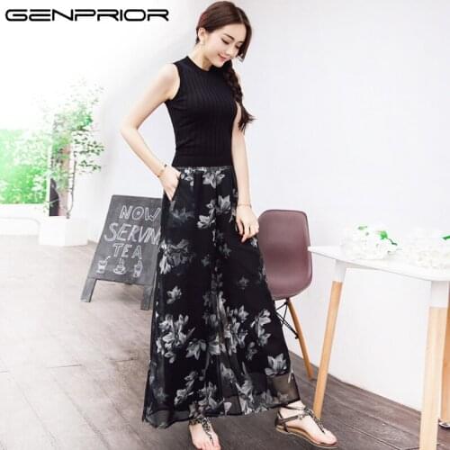 GENPRIOR Women Chiffon Printing Loose Trousers Lady Casual Elastic Waist Soft Comfort Summer Female Wide Leg Ankle-length Pants