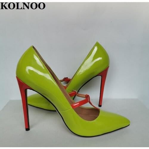 KOLNOO Womens Handmade Stiletto High Heeled Pumps T-Strap Pointed-Toe Patent Green Leather Party Prom Dress Fashion Court Shoes