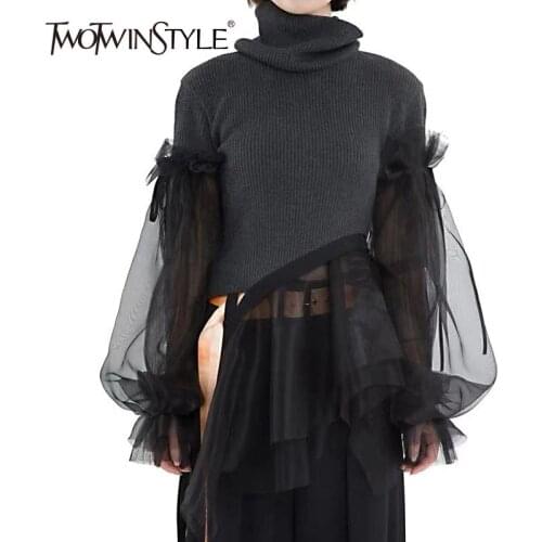 TWOTWINSTYLE Patchwork Sweater Women Turtleneck Puff Long Sleeve Ruffle Hem Knitting Pullover Tops Female 2020 Spring Korean New